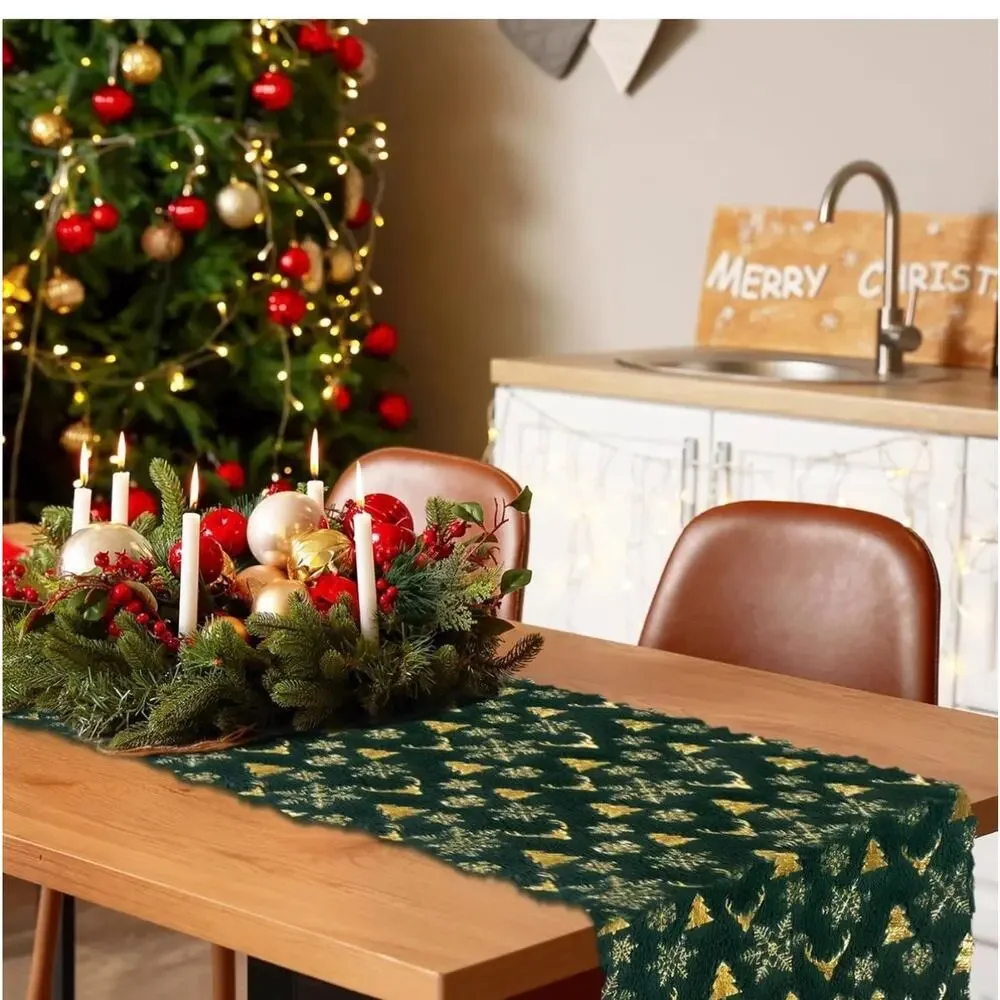 Christmas Table Runner Trees / Snow Soft Plush Faux Fur Green / Gold 14 x 72 